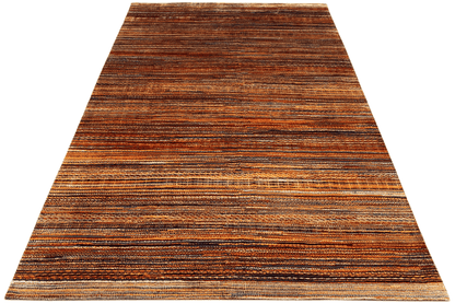 Hand-knotted rug with multicolored stripes in brown, orange, and beige