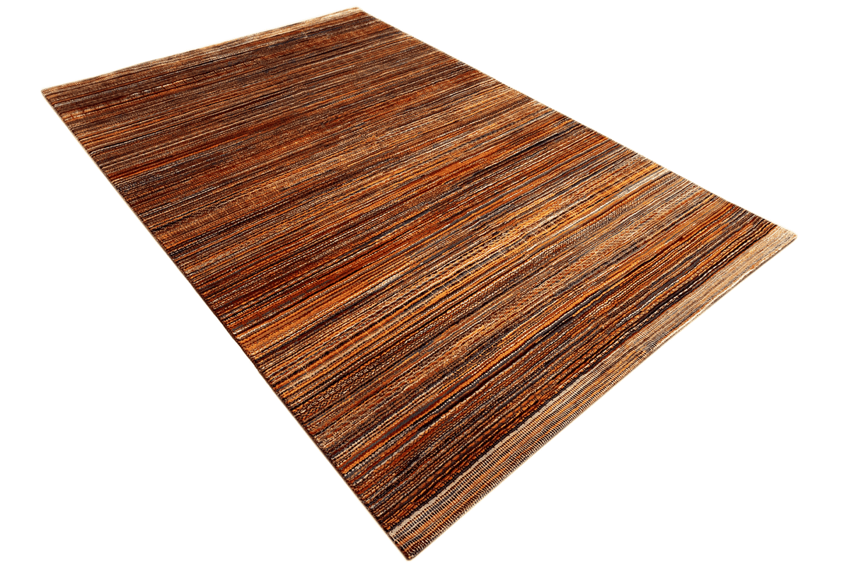 Hand-knotted rug with diagonal, multicolored stripes in brown and orange