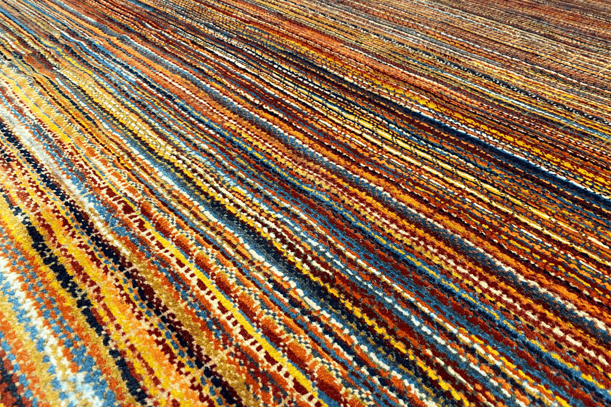 Hand-knotted rug detail: fine woven texture with shades of blue and yellow