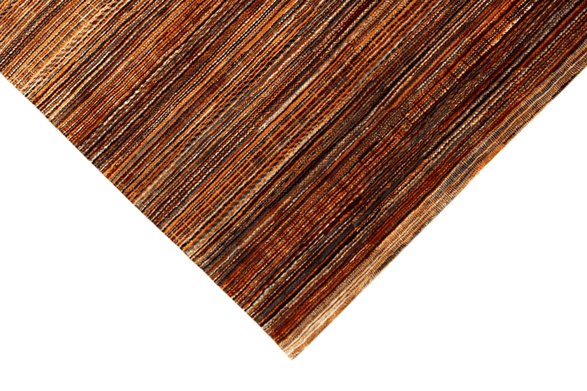 Hand-knotted rug surface with a brown base and fine multicolored stripes