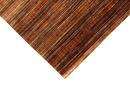 Hand-knotted rug surface with a brown base and fine multicolored stripes
