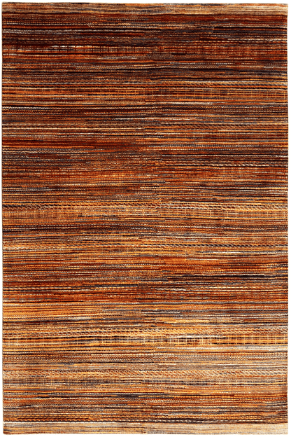 Hand-knotted rug with multicolored horizontal stripes and a narrow border