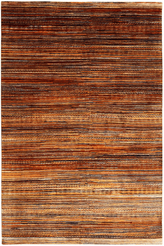 Hand-knotted rug with multicolored horizontal stripes and a narrow border