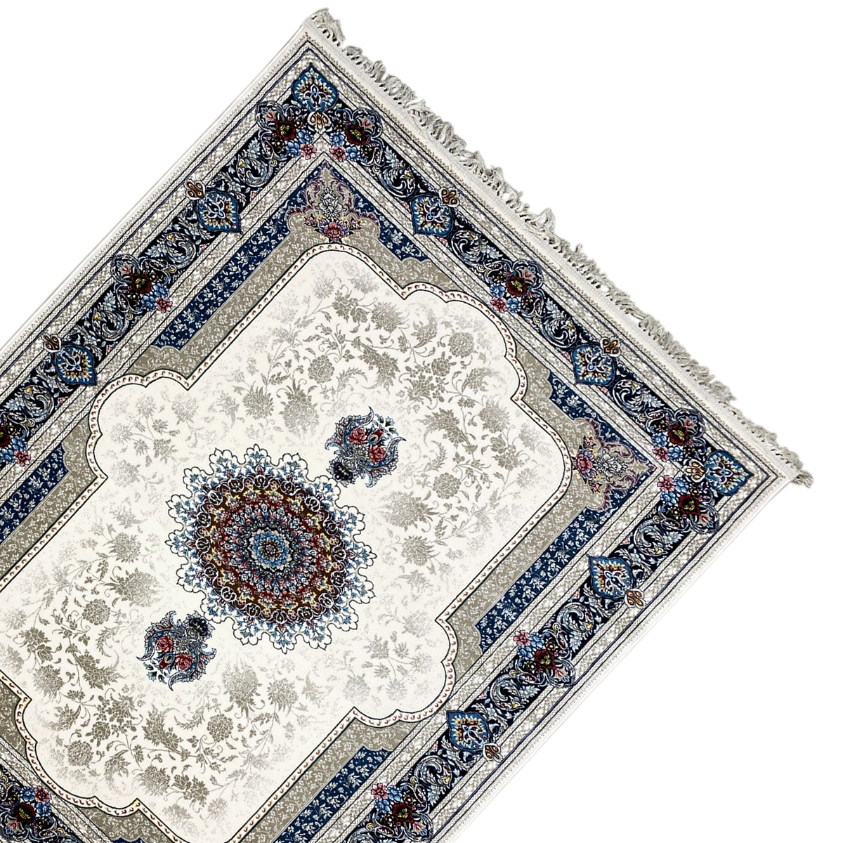Oriental rug 170x240 cm, cream-white with blue patterned border and fringe