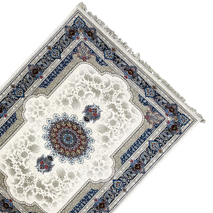 Oriental rug 170x240 cm, cream-white with blue patterned border and fringe
