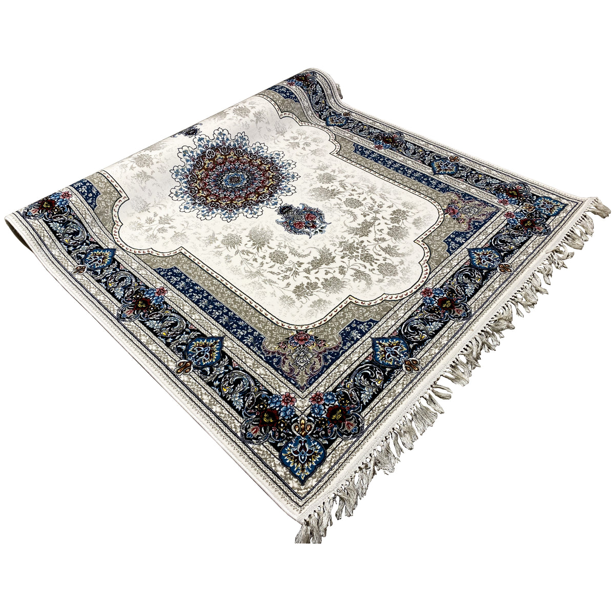 Cream-colored rug 170x240 cm, decorated in blue, fringes along the edge