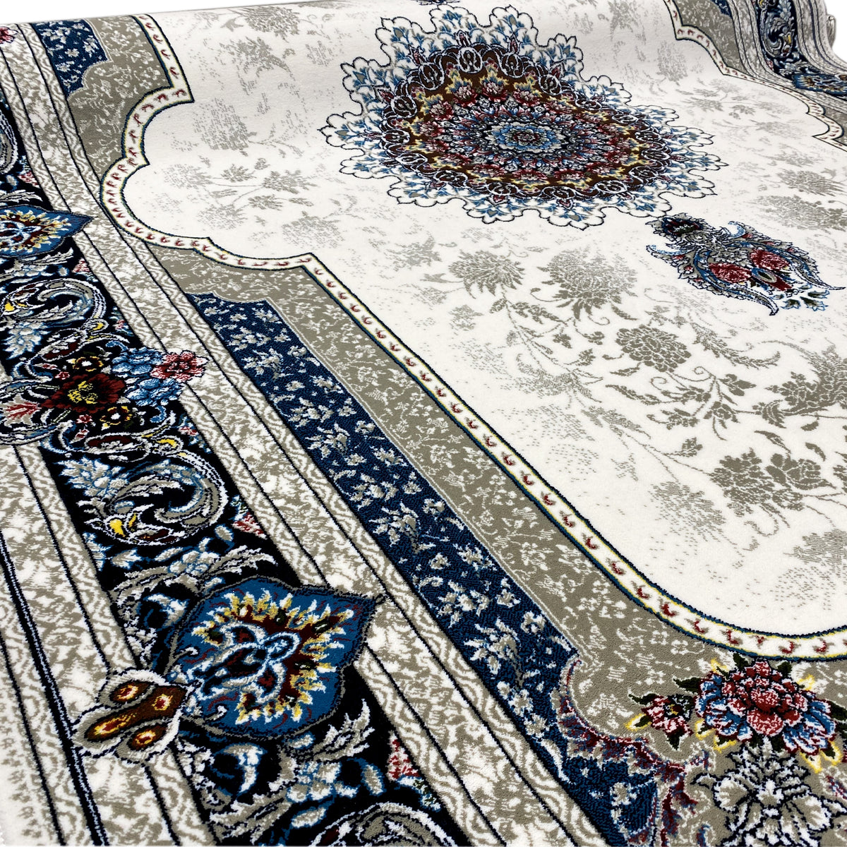 Cream-colored rug 170x240 cm with a blue border detail and decorative trim