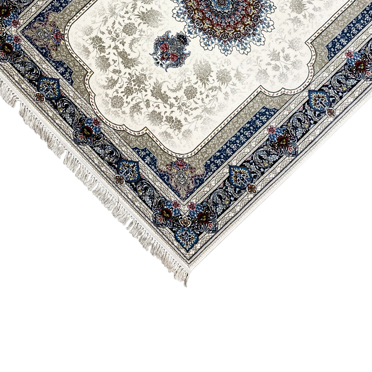 Corner of an oriental rug measuring 170x240 cm: cream-colored pile with a blue border