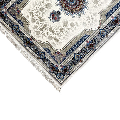 Corner of an oriental rug measuring 170x240 cm: cream-colored pile with a blue border