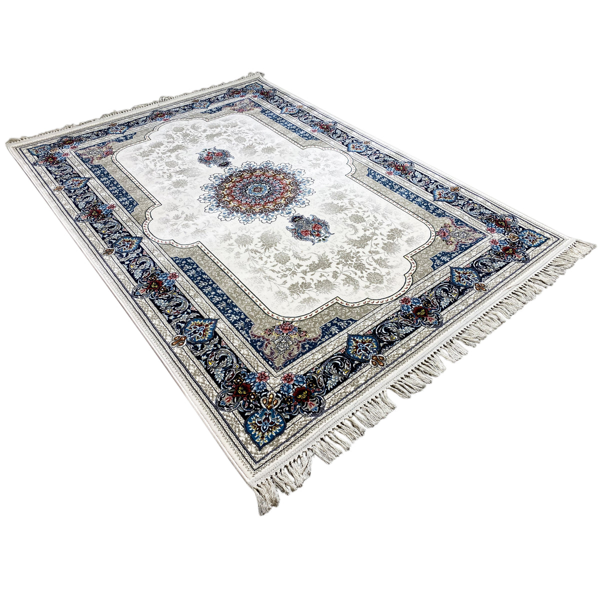 Oriental rug 170x240 cm, cream with a blue ornamental border and fringes