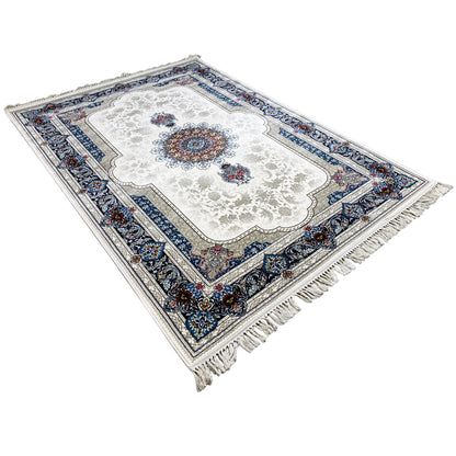 Oriental rug 170x240 cm, cream with a blue ornamental border and fringes
