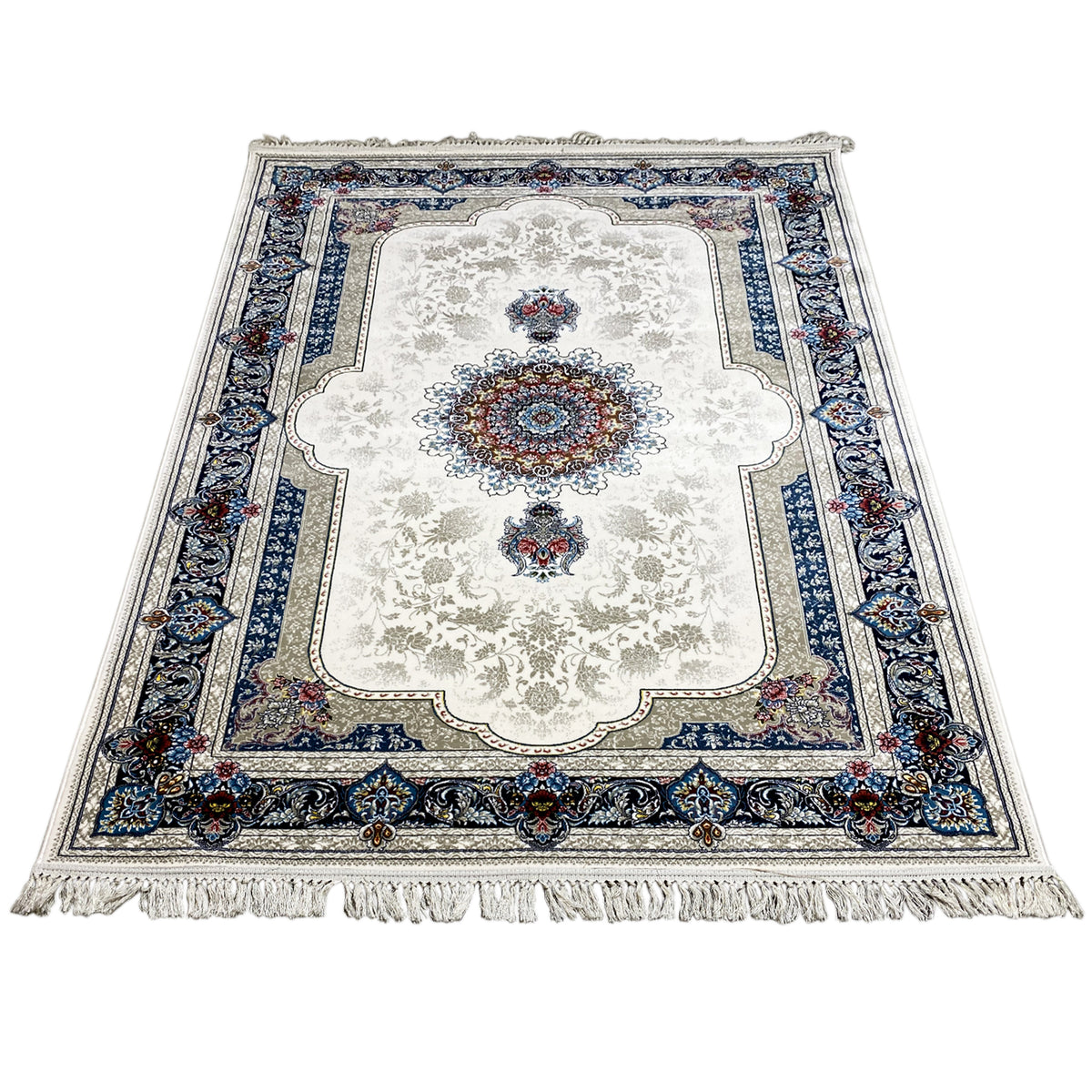 Oriental rug 170x240 cm, cream-white with a blue border pattern and colorful accents