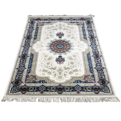 Oriental rug 170x240 cm, cream-white with a blue border pattern and colorful accents