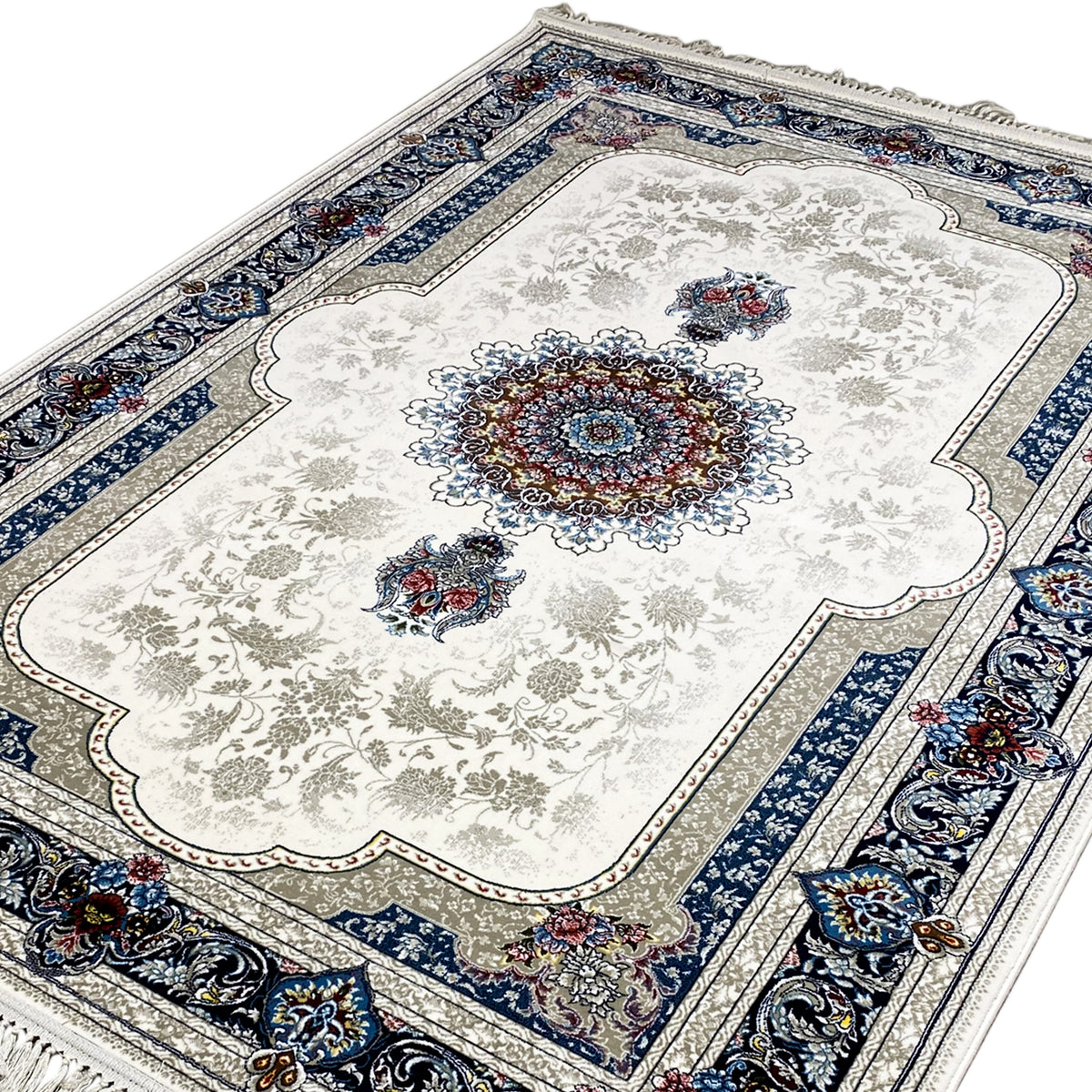 Oriental rug 170x240 cm, cream-colored, with a central medallion and blue border pattern