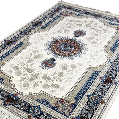 Oriental rug 170x240 cm, cream-colored, with a central medallion and blue border pattern