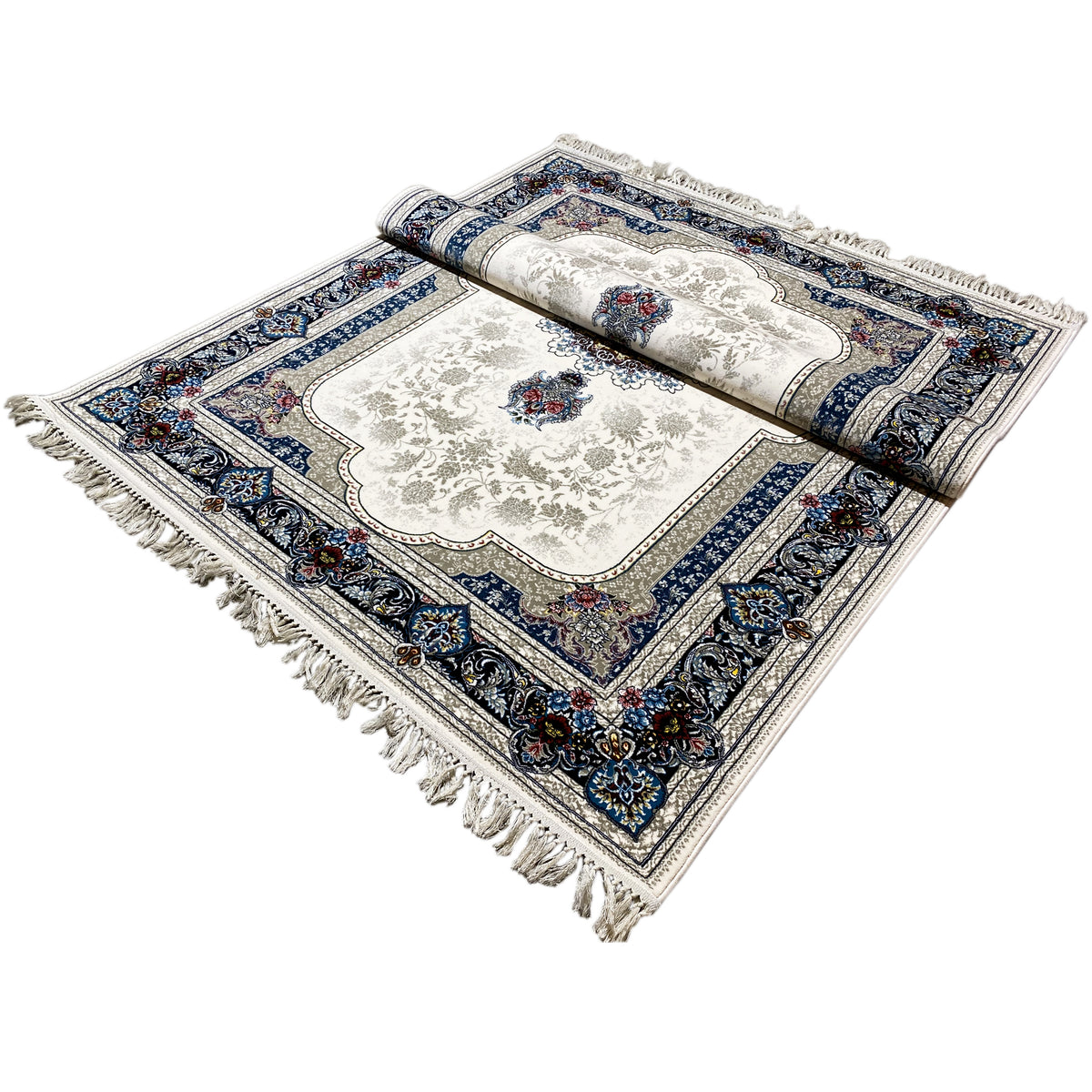 Oriental rug 170x240 cm, cream with a blue border pattern and multicolored motifs
