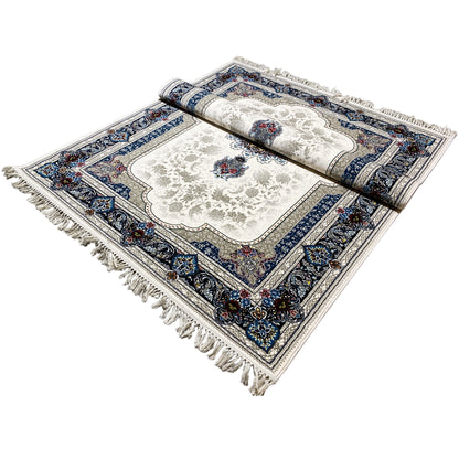 Oriental rug 170x240 cm, cream with a blue border pattern and multicolored motifs
