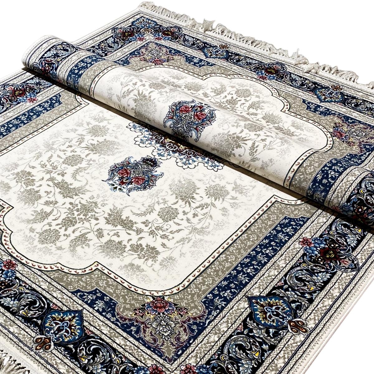 Oriental rug 170x240 cm, cream with a blue ornamental pattern and stylish rolled-up look