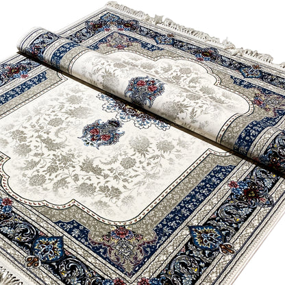 Oriental rug 170x240 cm, cream with a blue ornamental pattern and stylish rolled-up look