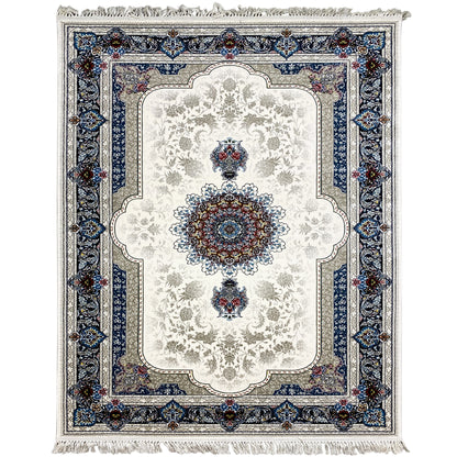 Oriental rug 170x240 cm in cream with a blue medallion, ornate border, and fringes
