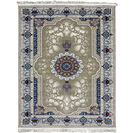 Rug 170x240 cm with a beige-brown base, blue ornamental border, and fringe