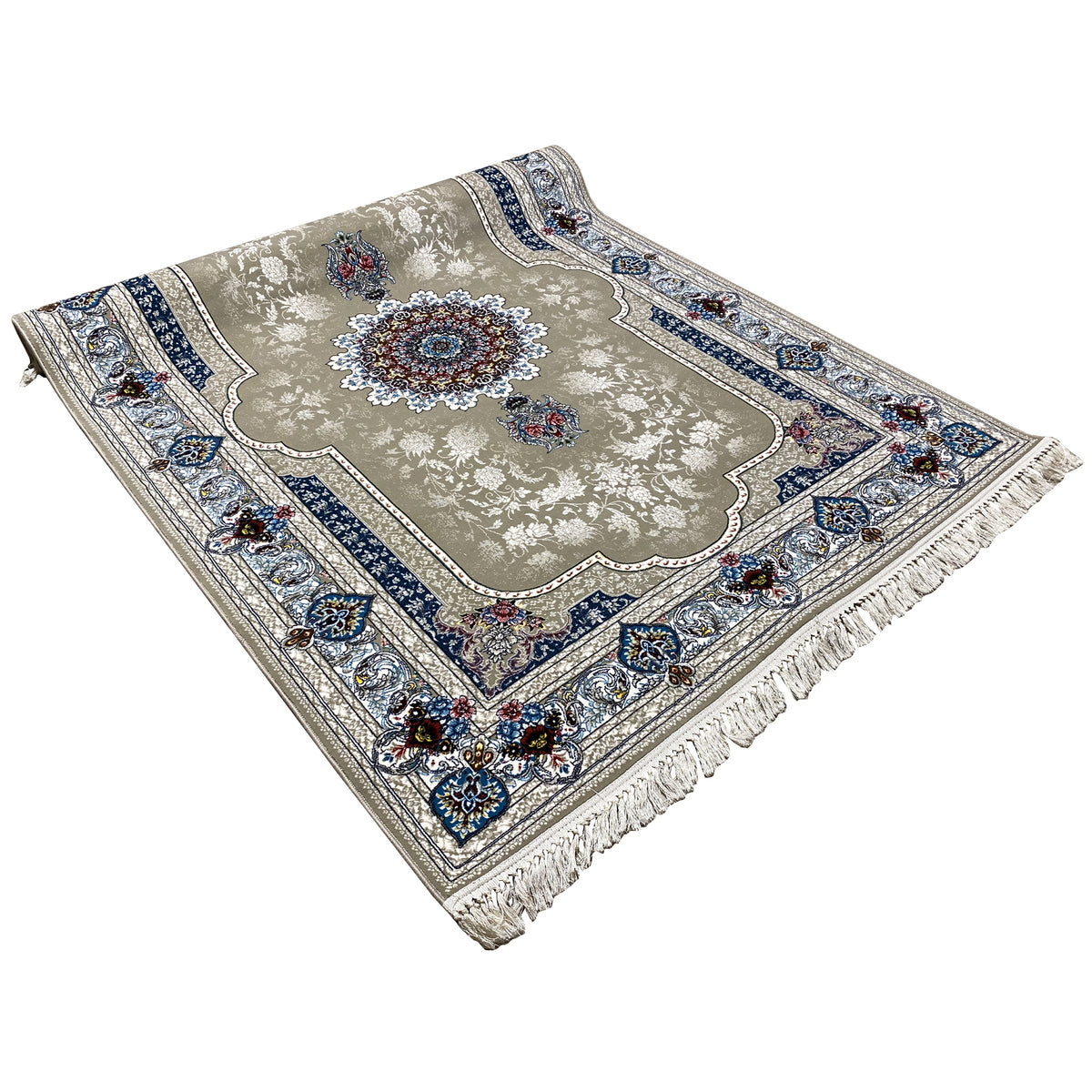 Rug 170x240 cm overall view: beige base, blue ornamental border, tassel fringe