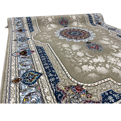 Beige rug with a blue border and floral ornaments, side border