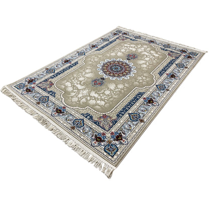 Rug 170x240 cm, rectangular: blue-and-white border ornament, central medallions, fringes
