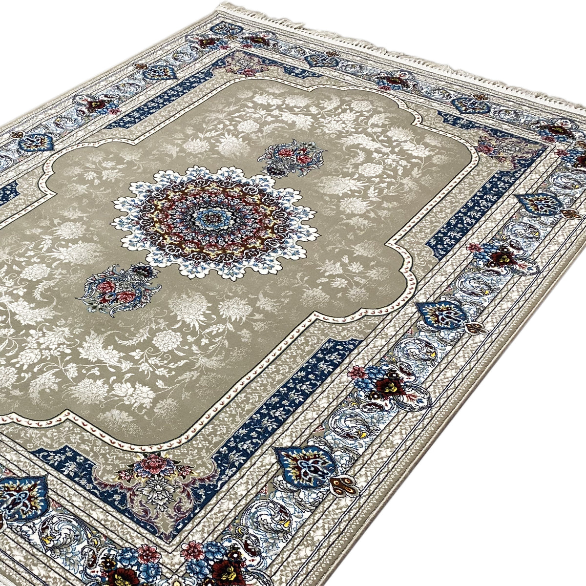 Rug 170x240 cm Detail: beige pile with medallion and blue decorative border