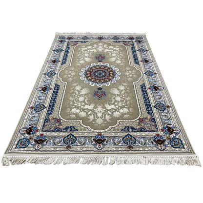 Rug 170x240 cm, flat weave: central medallion, blue-trimmed border, fringes