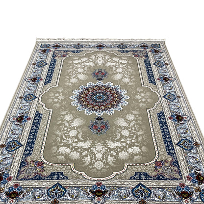 Carpet 170x240 cm close-up: medallion pattern, blue corner ornament, and tassel fringe