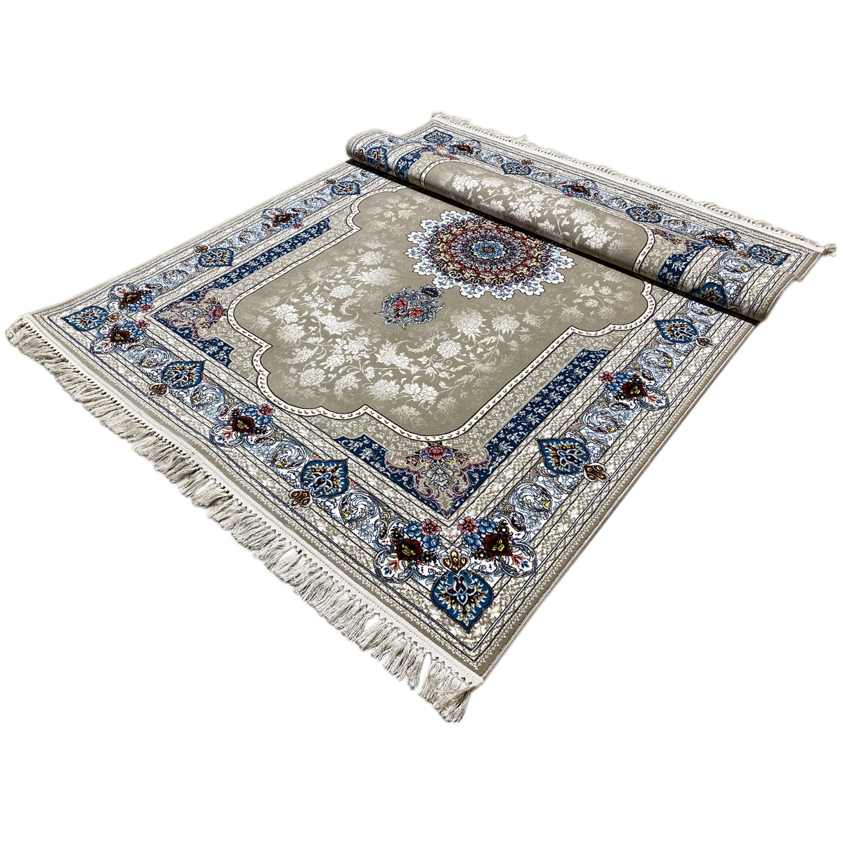 Rolled 170x240 cm rug: beige base with blue ornamental border and fringes