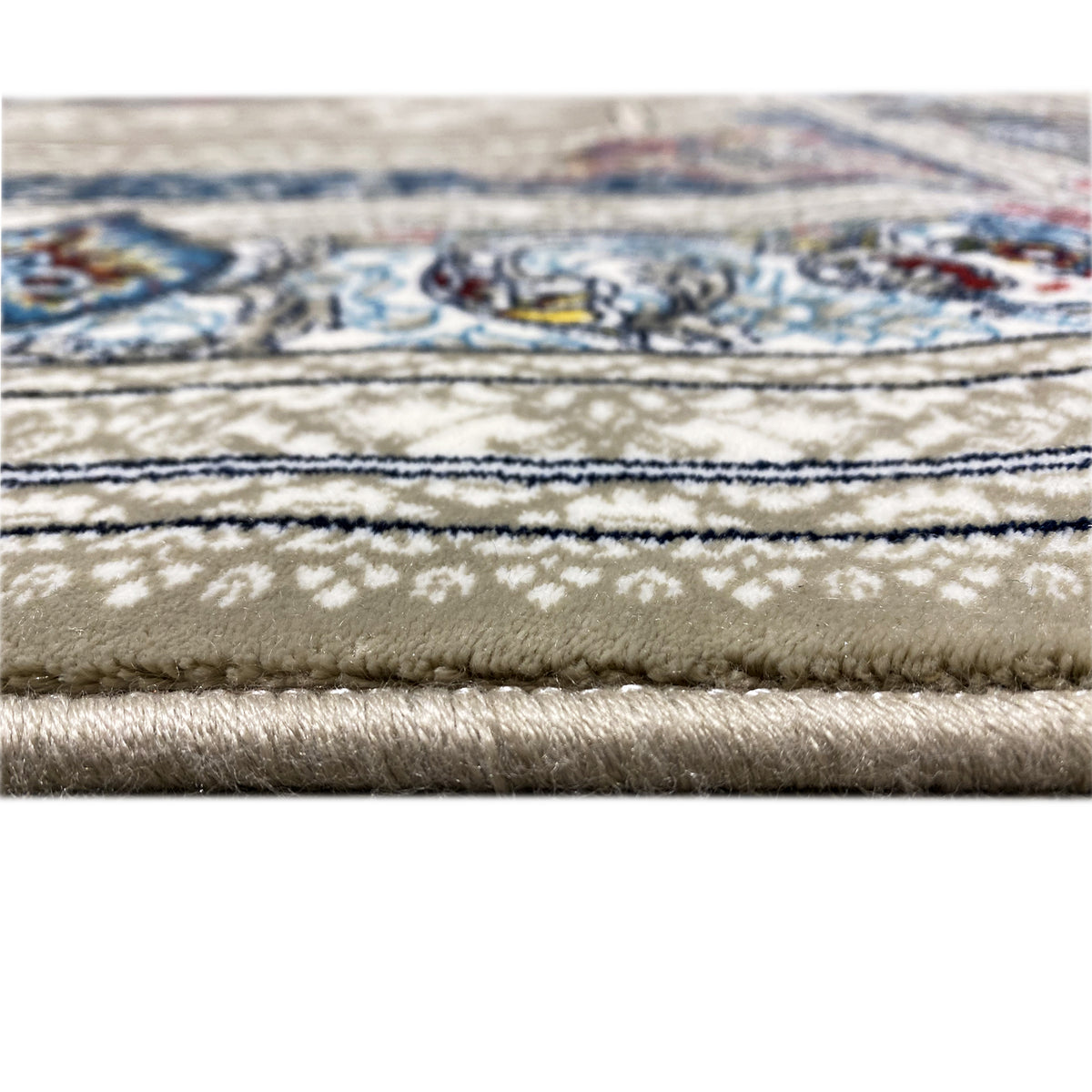 Beige rug: border with blue pattern, visible pile height, and fringed edges