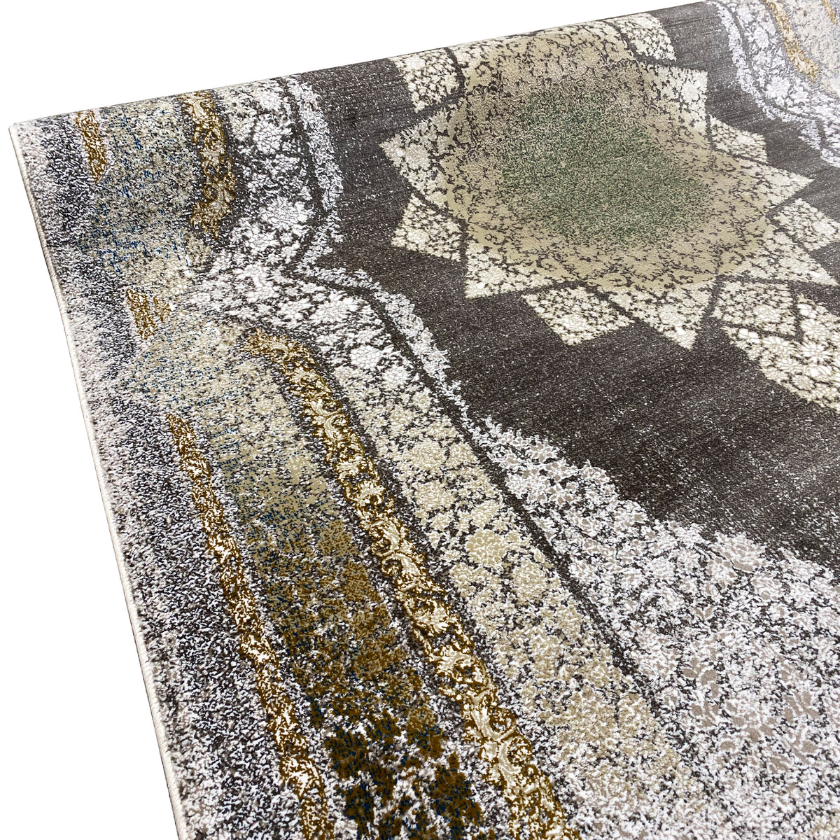 Cream rug 170x240 cm close-up: abstract pattern in gray, black, and gold