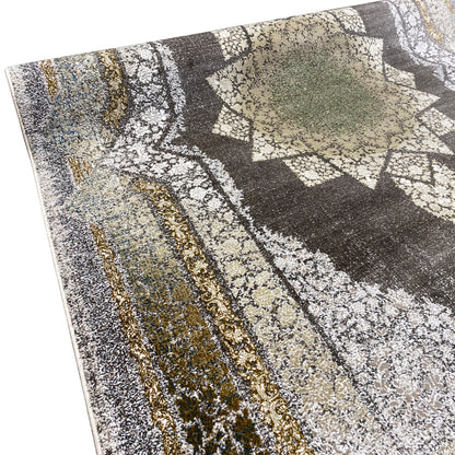 Cream rug 170x240 cm close-up: abstract pattern in gray, black, and gold