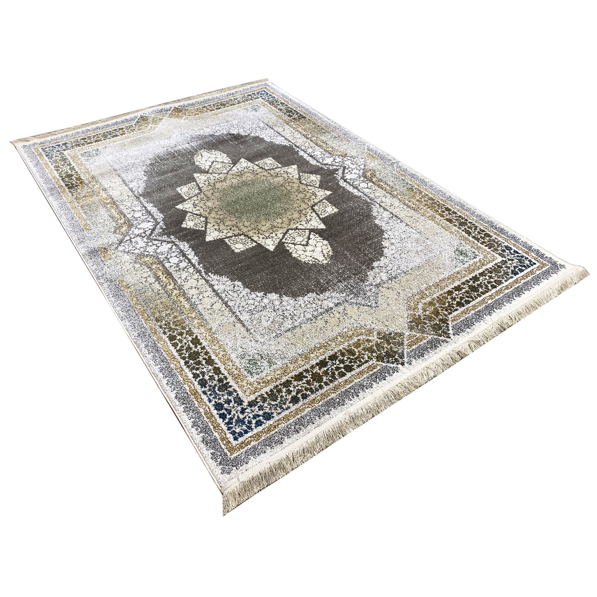 Cream-colored rug 170x240 cm, top view with a geometric pattern and contrasting edges
