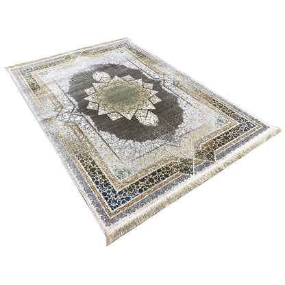 Cream-colored rug 170x240 cm, top view with a geometric pattern and contrasting edges