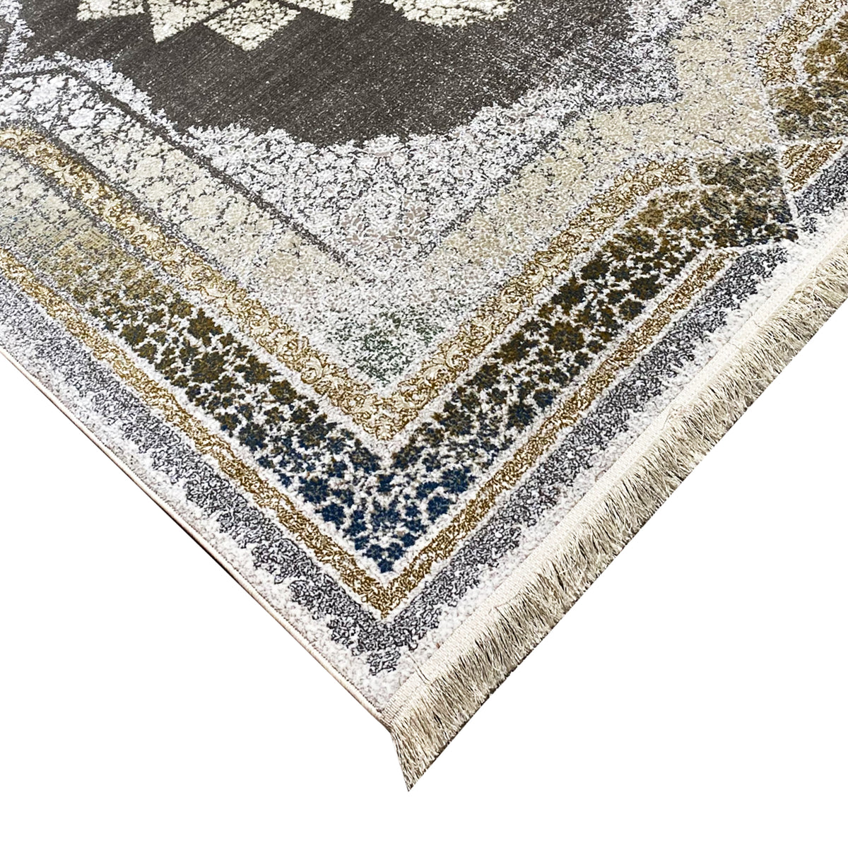 Cream rug 170x240 cm Detail: Decorative border with gold and blue tones