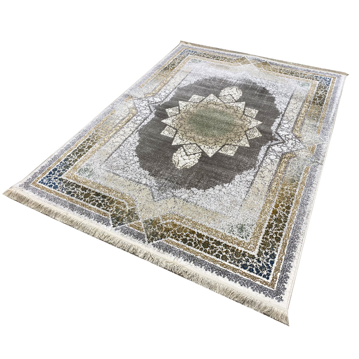 Cream rug 170x240 cm photographed at an angle: texture with ornamental border and fringes