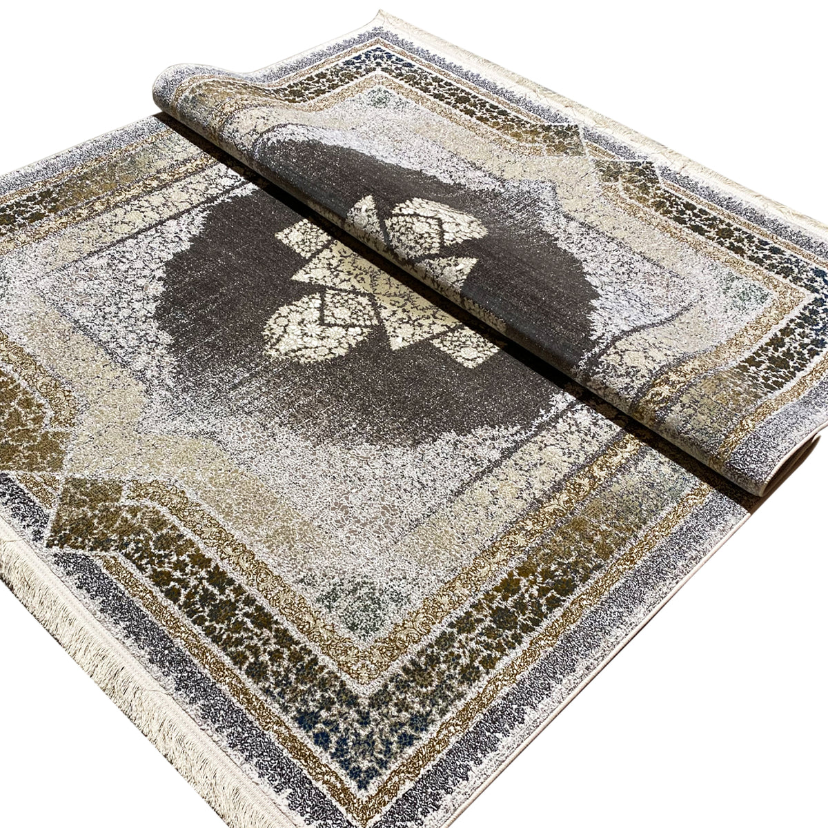 Cream carpet 170x240 cm: rolled layer over pattern, decorative border along the edges
