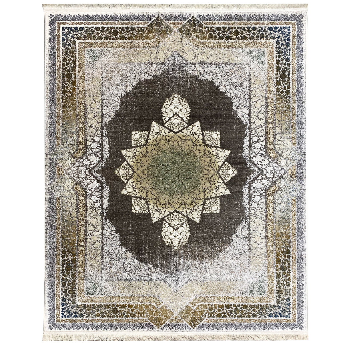 Cream rug 170x240 cm with an ornamental pattern, dark gray central motif, and decorative border