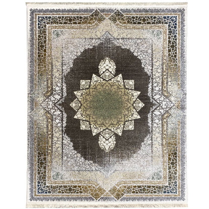 Cream rug 170x240 cm with an ornamental pattern, dark gray central motif, and decorative border