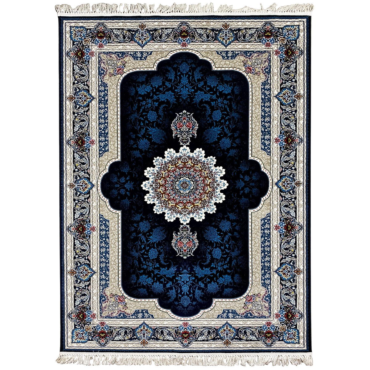 Navy blue oriental rug with an ornamental border, decorative medallion, and fringes