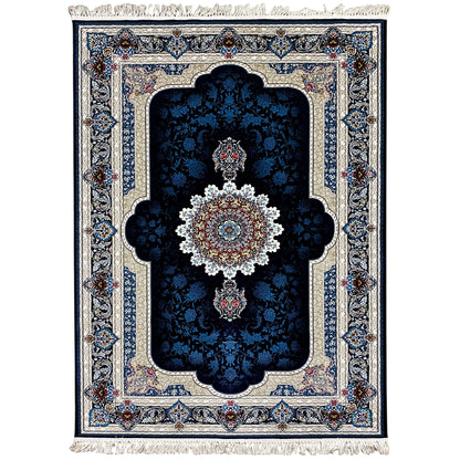 Navy blue oriental rug with an ornamental border, decorative medallion, and fringes