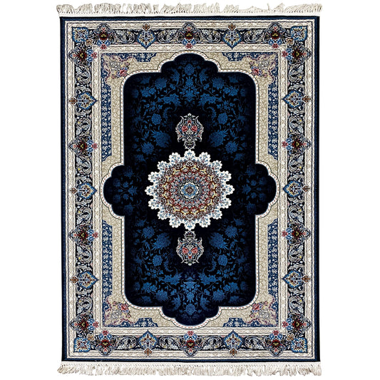 Navy blue oriental rug with an ornamental border, decorative medallion, and fringes