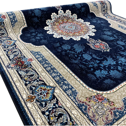 Navy blue rug with fringes, wide decorative stripes, and floral motifs