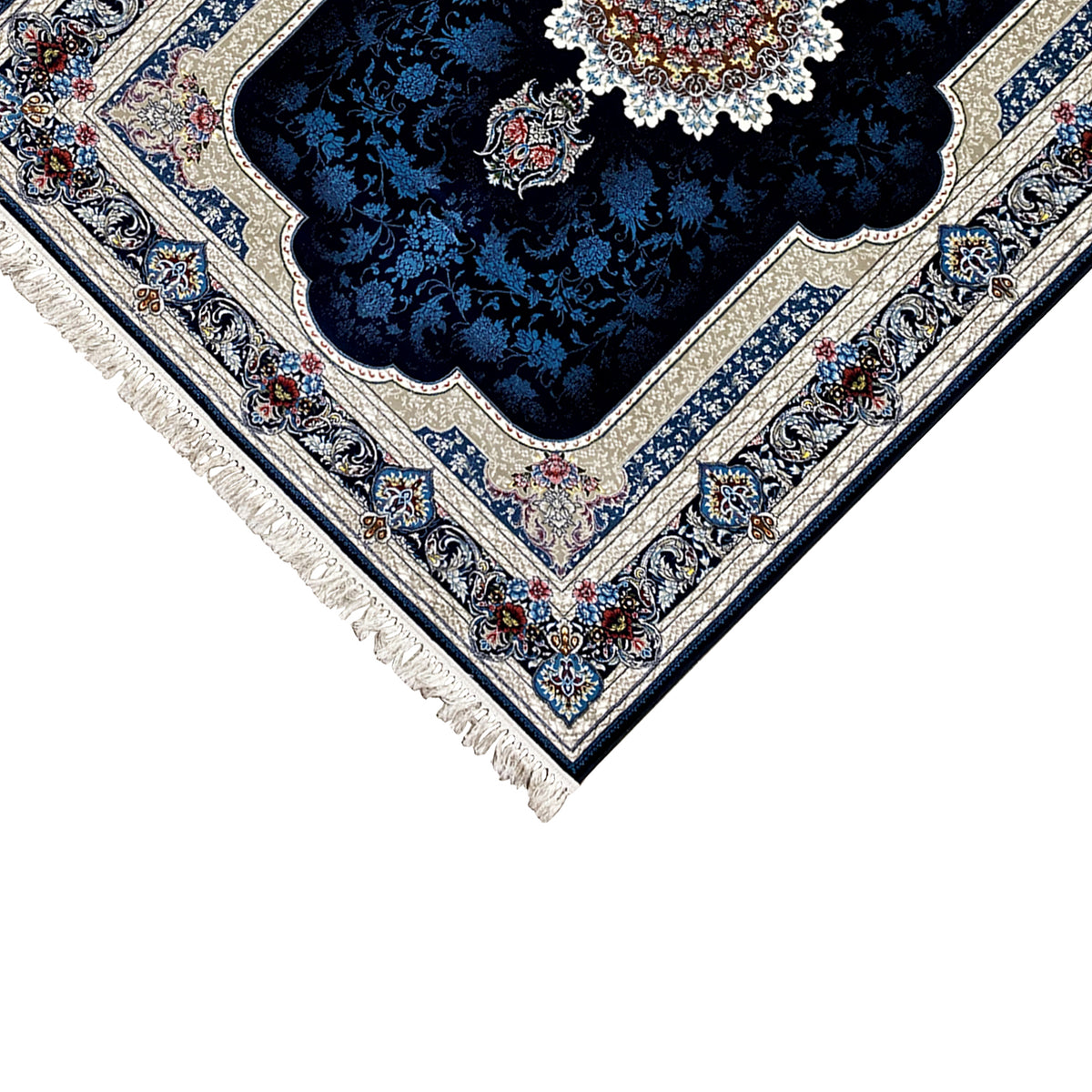 Navy blue oriental rug corner with a light patterned border and fringes