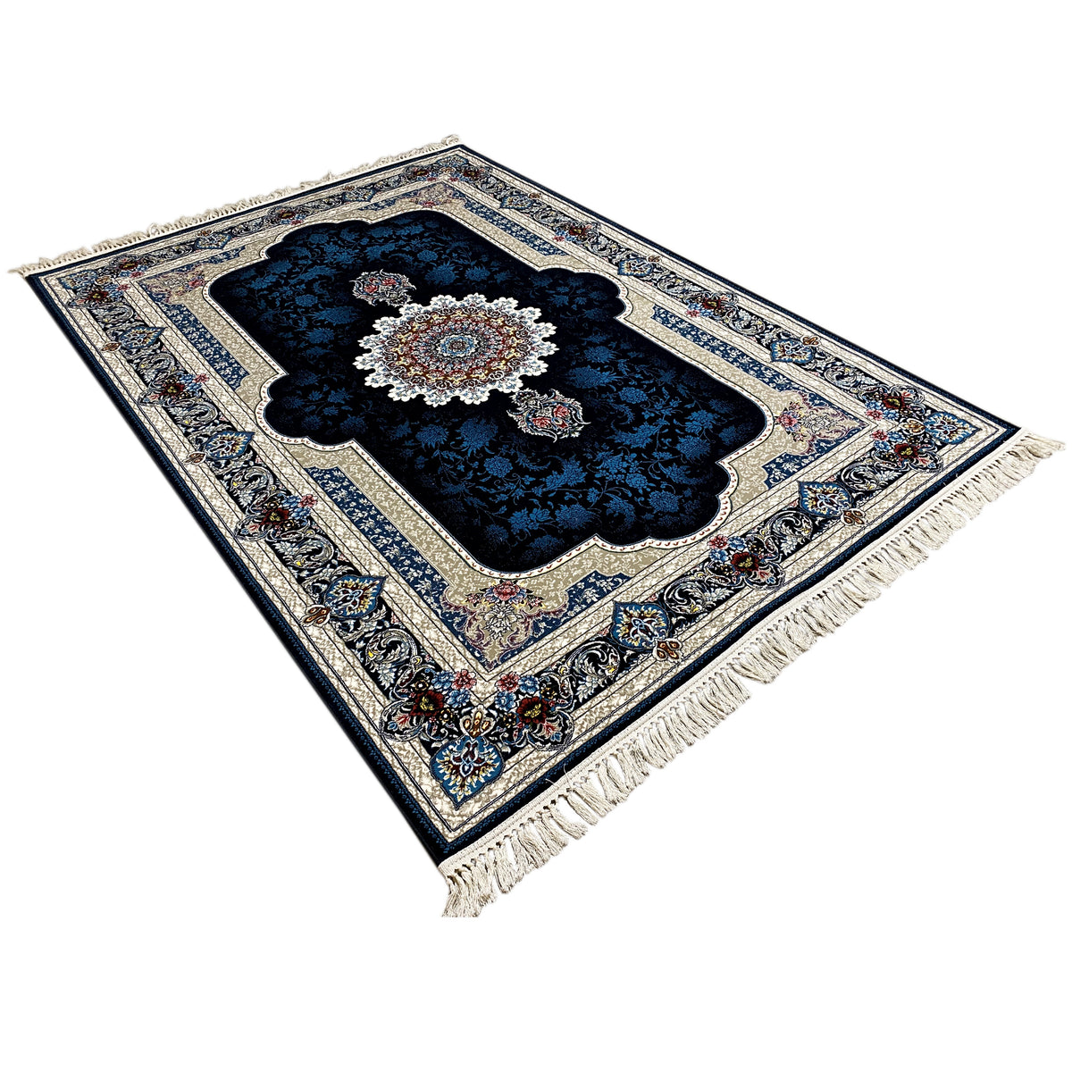 Rectangular navy blue oriental rug with medallion, decorative border and fringes