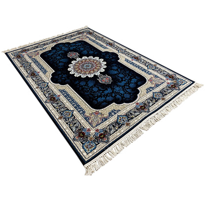 Rectangular navy blue oriental rug with medallion, decorative border and fringes