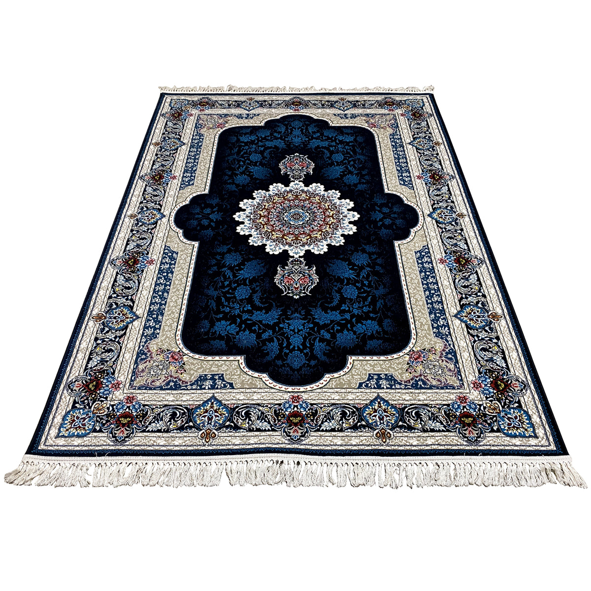 Oriental rug in navy blue with a central medallion, border pattern, and fringes